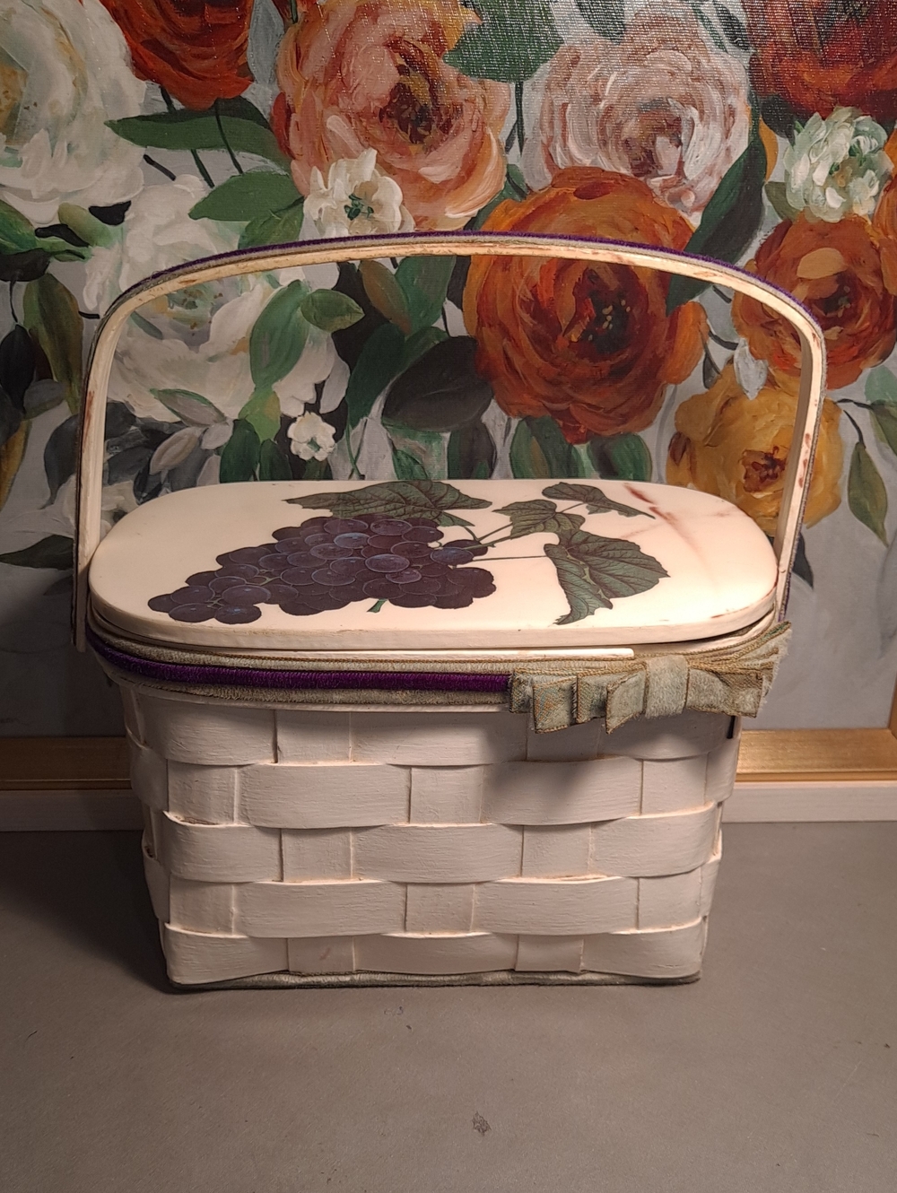 Artisan Vintage 1974 White Woven Decoupage Basket Purse Tote Purple Grape Motif